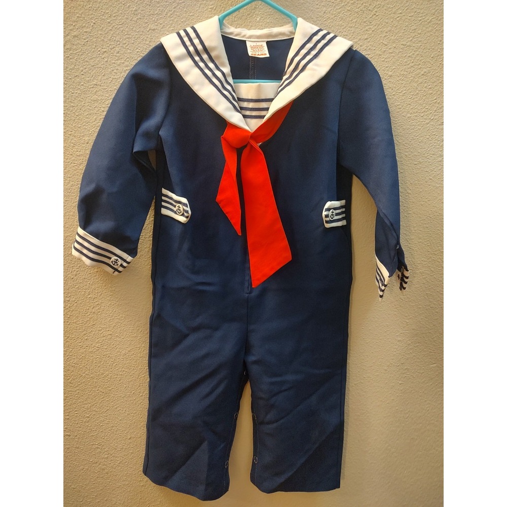 Vtg Sears Sailor Suit Infant Large Navy Blue and White Red Neck Tie Snap Crotch
